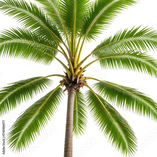 Tropical palm tree with green leaves and a brown trunk