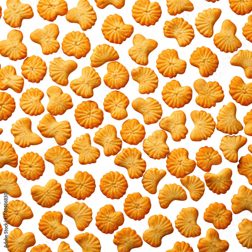Overhead shot of many baked, golden-brown, fun-shaped crackers on a dark background