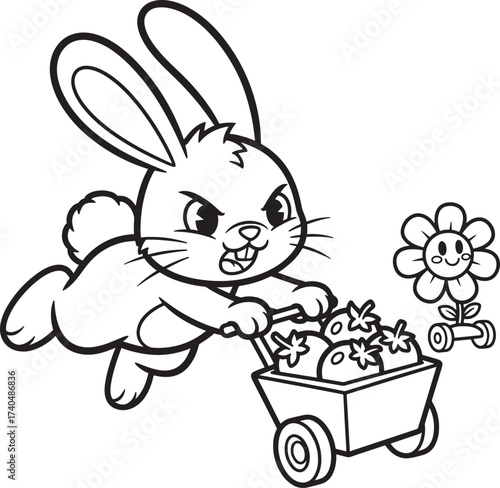 Vector art of a determined bunny pushing a cart full of vegetables, with a cheerful flower on wheels