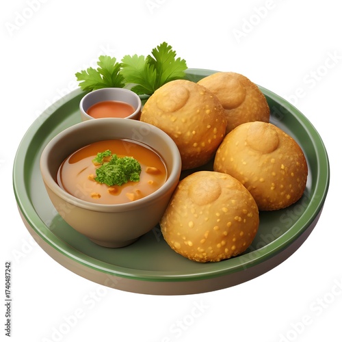 Round Fried Snacks with Dipping Sauce and Parsley Garnish