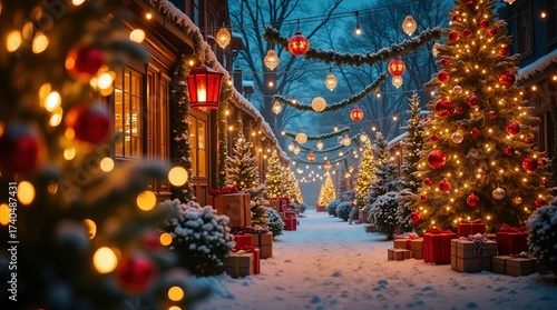 Magical Christmas Village Street with Festive Lights and Snow at Night