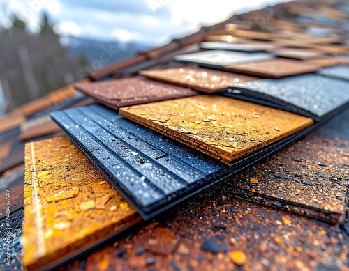 Close-Up of Multi-Colored Roof Shingles with Weathered Texture.