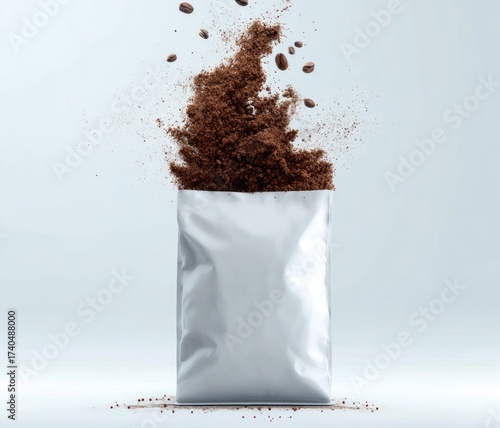 Explosive Coffee: Capturing the dramatic moment of coffee powder erupting from a silver package, a symbol of fresh and potent brewing.