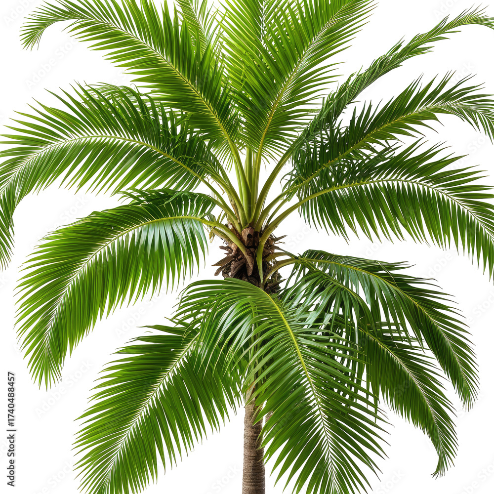Fototapeta premium Lush green palm tree, tropical plant with broad fronds, against a black background