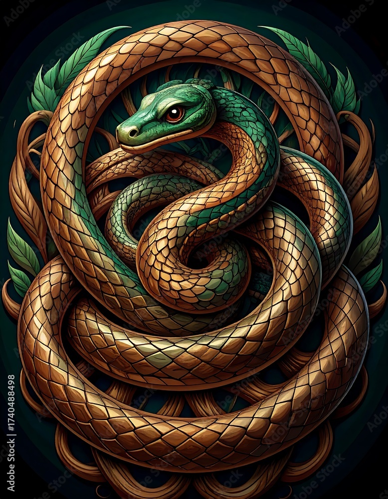 Obraz premium Coiled bronze snake with interwoven body on darkbg