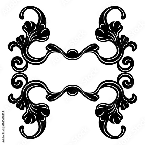 Geometrical vintage decorative frame with stylized leaves or branches. Baroque style border. Black and white silhouette.