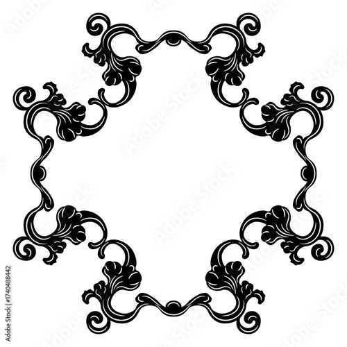 Geometrical vintage decorative frame with stylized leaves or branches. Baroque style border. Black and white silhouette.