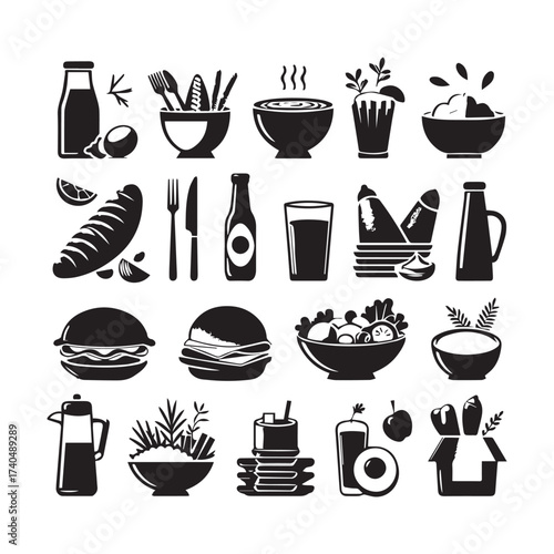 Assorted Black and White Icons of Food, Drinks, and Kitchenware for Culinary Themes breakfast