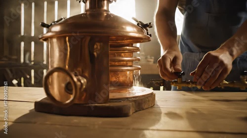 Skilled artisan carefully crafting aromatic lavender essential oil using a traditional copper alembic still in a rustic sunlit workshop, showcasing the meticulous process of natural distillation