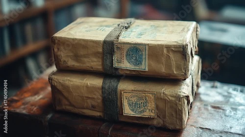 A Stack of Old Mysterious Packages Wrapped in Vintage Paper.