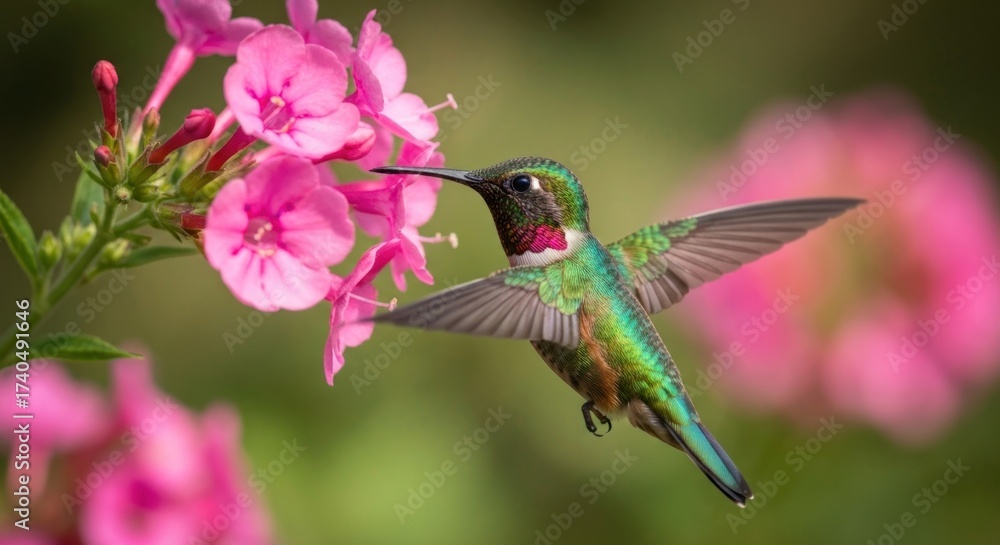 Fototapeta premium Vibrant hummingbird hovers near pink flowers