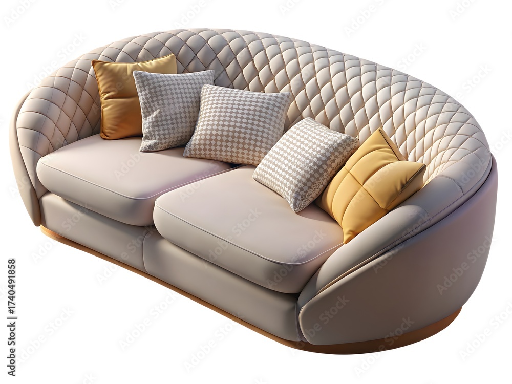 Obraz premium Tufted Cream Sofa with Patterned and Yellow Pillows