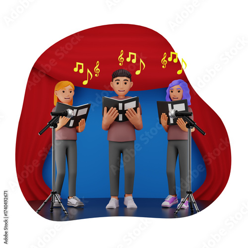 3d cartoon choir singing on stage clip art preview