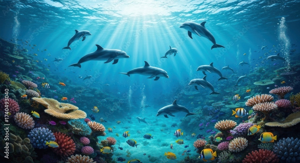 Obraz premium Vibrant underwater scene. Dolphins and colorful coral reef teeming with fish. Sunlight streams from above
