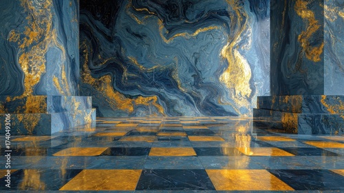 Elegant Blue and Gold Marble Interior with Checkerboard Floor Design