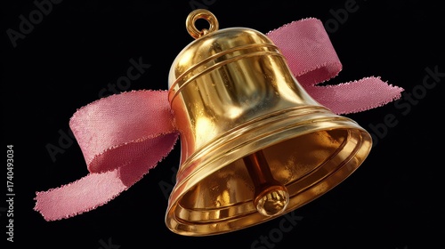 Shiny Gold Bell with Pink Ribbon Against Black Background