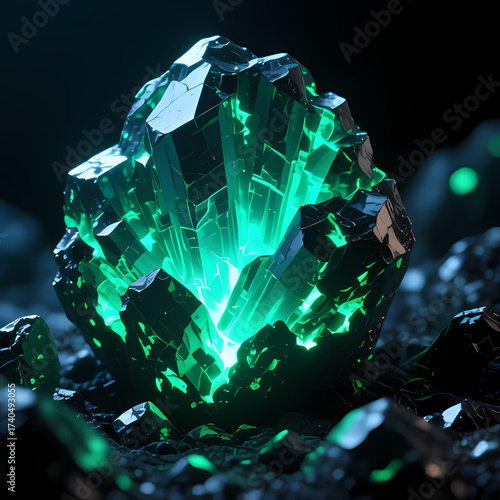 Abstract glowing green uranium crystal texture background.