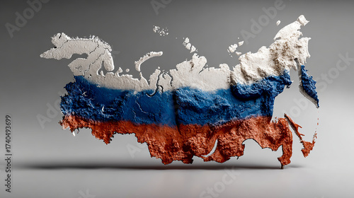 3D map of Russia with Russian flag on gray background