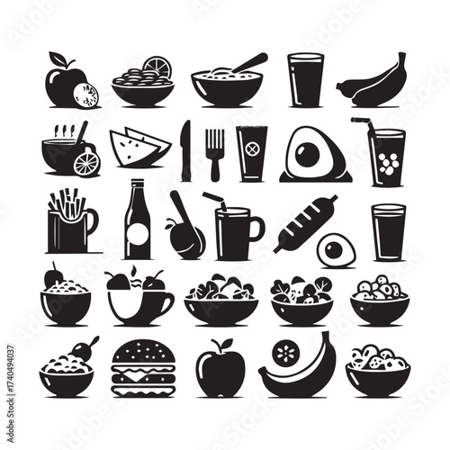 Collection of black food and drink icons including fruits vegetables and meals on a white background Keywords: apple banana orange lemon lime avocado egg french fries burger salad bowl soup cup