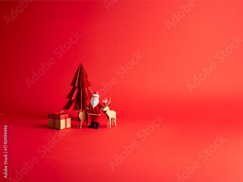 A Minimalist Christmas Greeting Card Concept with Santa, Reindeer, and Gifts Framed by an Elegant Origami Tree on a Bold Festive Red Canvas