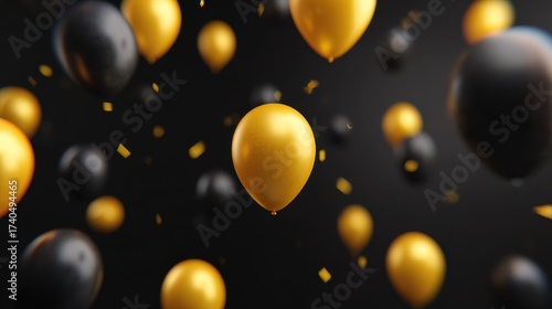 Festive Black and Gold Balloons with Confetti on Dark Background