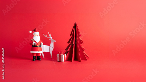 A Minimalist Christmas Greeting Card Concept with Santa, Reindeer, and Gifts Framed by an Elegant Origami Tree on a Bold Festive Red Canvas