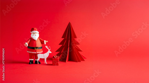 A Minimalist Christmas Greeting Card Concept with Santa, Reindeer, and Gifts Framed by an Elegant Origami Tree on a Bold Festive Red Canvas