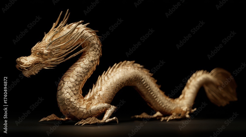 Fototapeta premium Golden Dragon Sculpture with Intricate Details Against Black Background