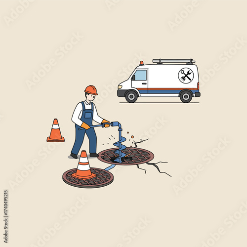 Sewer Maintenance Worker Unclogging Drain snake hard hat overalls traffic cones plumbing repair construction manhole sewage