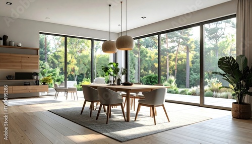 Bright Modern Dining Room with Wood Floors and Large Windows Overlooking a Lush Green Garden