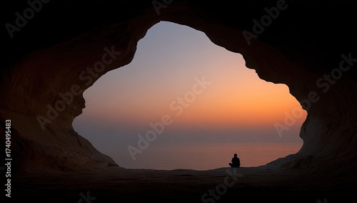 A person sits in a cave, watching the sunrise over the ocean.