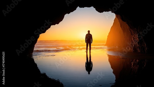 Silhouette of a person standing on a beach at sunset, inside a rock cave.