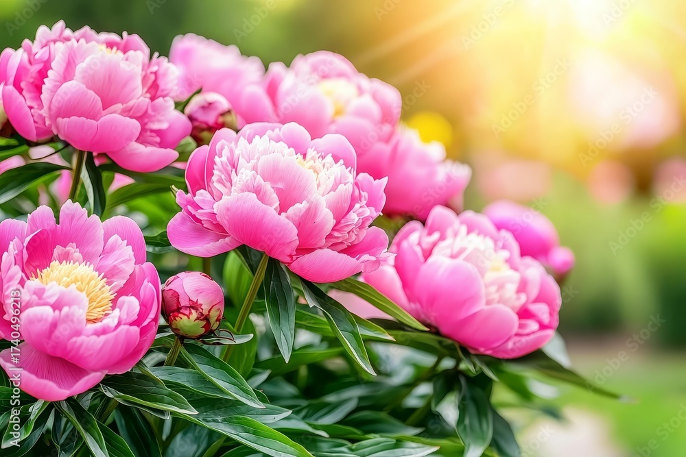 Obraz premium Vibrant Spring Garden Filled with Beautiful Peonies in Soft Sunlight and Gentle Breeze