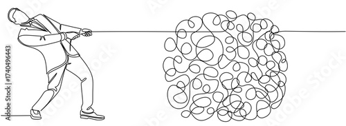 Line art of a businessman in suit pulling tangled rope symbolizing problem solving and overcoming challenges