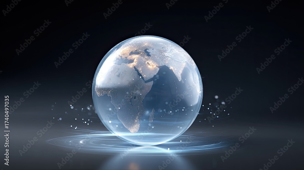 Fototapeta premium Transparent Globe with Ethereal Lights Reflecting Continents and Oceanic Details in a Dark Background