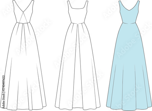 Elegant evening gown vector flat sketch with v-neck, sleeveless fitted bodice and full length flared skirt, women’s fashion cad