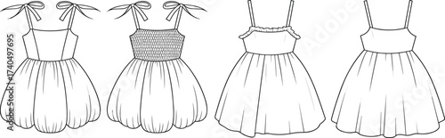 Girls’ bubble hem dresses vector flat sketch with tie straps, smocked bodice and ruffle details, children’s fashion technical cad illustration