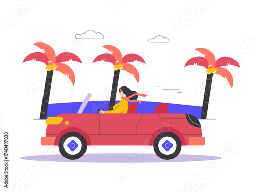 Women are riding in a car with a view of the beach enjoying a vacation. Modern transportation illustration. Flat vector illustration.