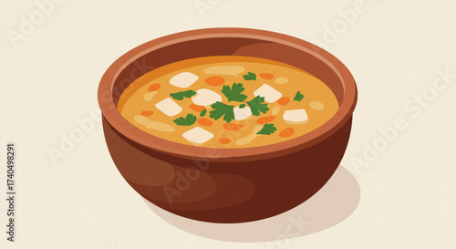 Illustration of Açorda soup served in a brown bowl  
