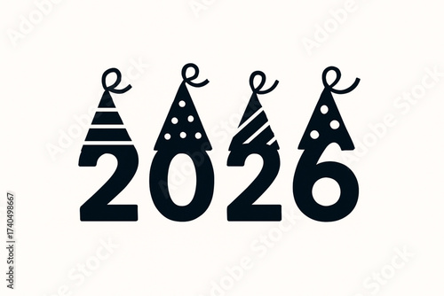 Festive 2026 design with bold black numerals wearing party hats decorated with polka dots and stripes. A fun, celebratory New Year illustration perfect for events, posters, and party themes.