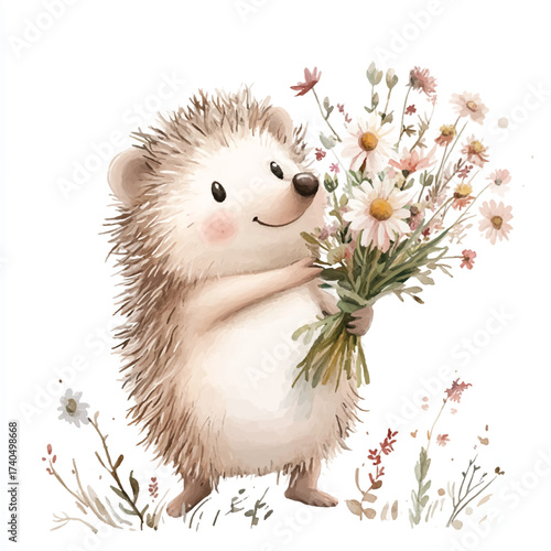 Cute hedgehog holding a bouquet of flowers adorable animal charming illustration heartwarming image happy expression.