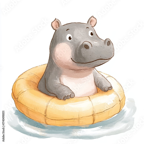 Cute hippopotamus enjoying a summer day by swimming with a yellow inflatable ring.