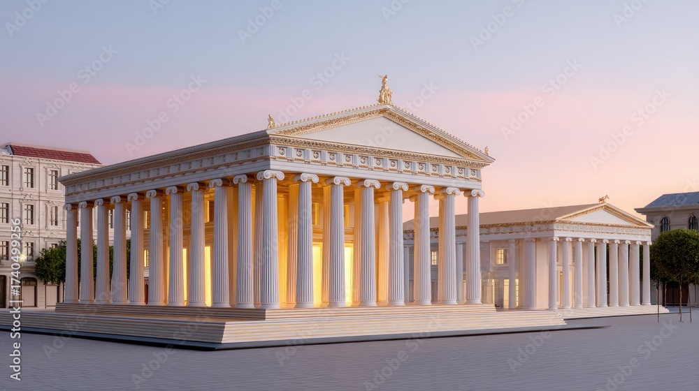 Fototapeta premium Architectural masterpiece of ancient Greece with classical columns and stunning sunset lighting in a historic setting
