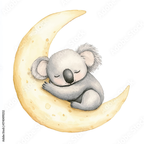 Cute koala sleeping on crescent moon watercolor illustration adorable animal peaceful scene dreamy image.