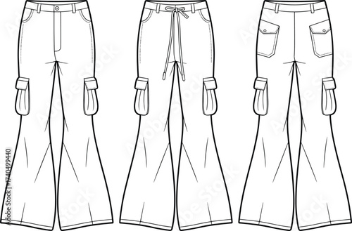 Cargo pants vector flat sketch with flap pockets, drawstring waist and flared legs, fashion cad technical drawing for apparel design