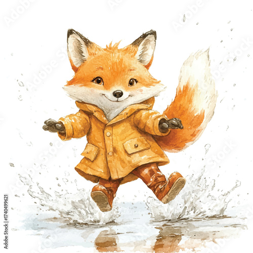 Cute little fox in a yellow raincoat playing in puddles.