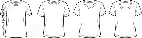 Basic t shirt vector flat sketch with crew neck, v neck and scoop neck styles, fashion cad drawing for apparel design