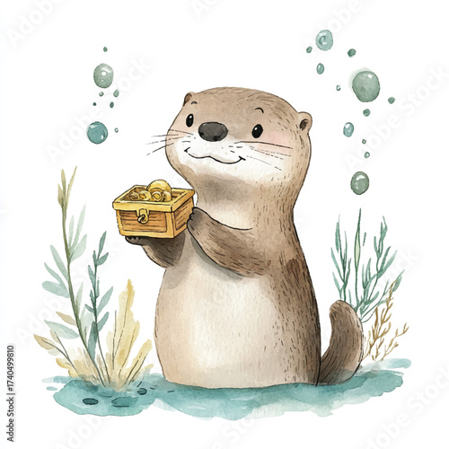 Cute Otter Holding a Treasure Chest Underwater.