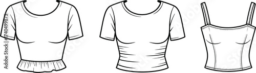 Trendy crop tops and camisole flat sketch fashion vector, cad drawing for stylish women’s apparel design, short sleeve and strappy top