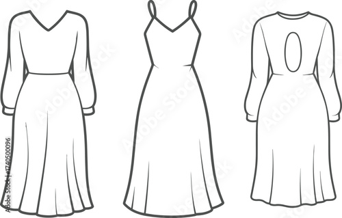 Elegant women dress flat sketch with long sleeve, sleeveless and back cutout variations, fashion cad drawing vector template for apparel design